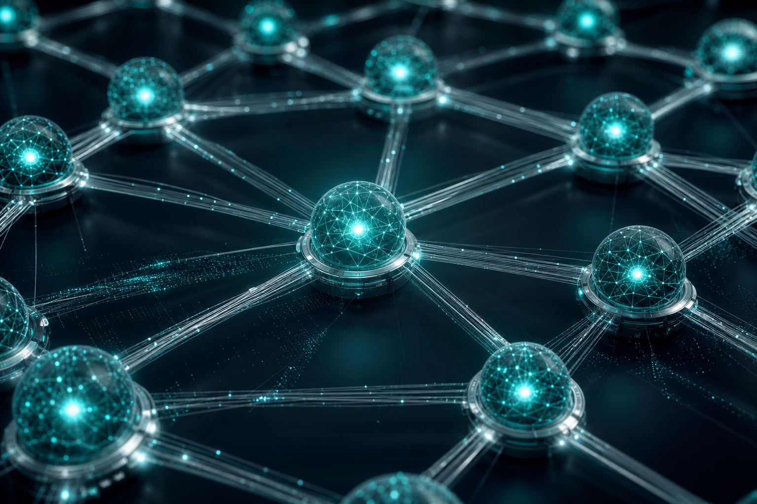 Interconnected network of glowing decision nodes representing one enterprise decision model